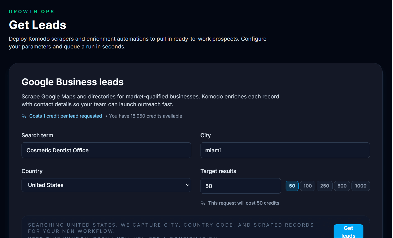 Komodo Lead Generator Interface